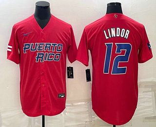 Mens Puerto Rico Baseball #12 Francisco Lindor 2023 Red World Baseball Classic Stitched Jerseys->2023 world baseball classic->MLB Jersey